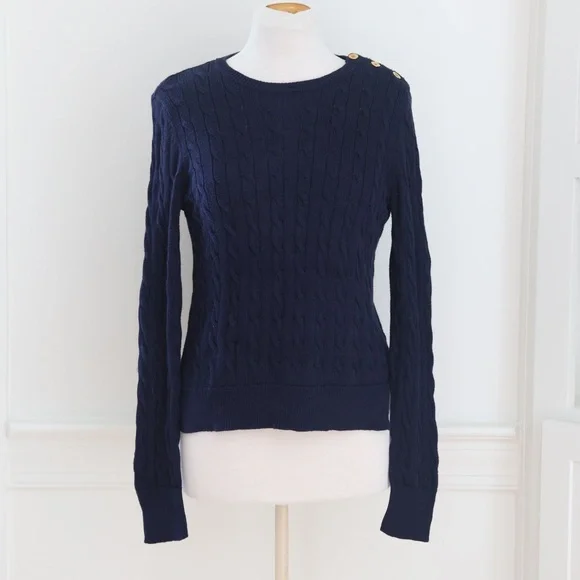 Lauren Ralph Lauren Navy Blue Cable Knit Sweater Button Details Petite Medium - Picture 1 of 8